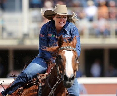 Tara Muldoon of Hinton, Alberta during the Calgary Stampede Barrel Racing Championship.