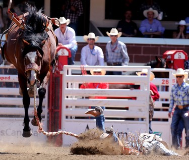 Brennan Watson is bucked off during the Novice Saddle Bronc at the Calgary Stampede.