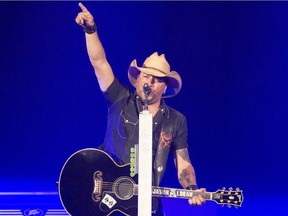 Jason Aldean performs during the Calgary Stampede at the Scotiabank Saddledome in Calgary, Alta. on Saturday July 11.