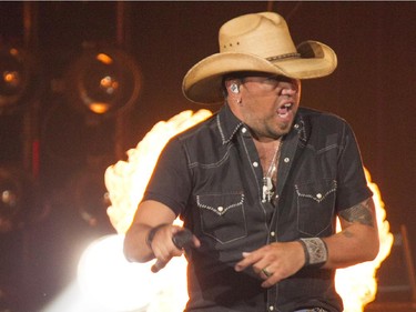 Jason Aldean performs during the Calgary Stampede at the Scotiabank Saddledome in Calgary, Alta. on Saturday July 11.