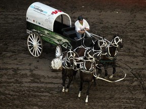The number one barrell was a real problem for a lot of the drivers including Kris Molle in heat nine at the Rangeland Derby  Chuckwagon races on Saturday, July 4, 2015 at the Calgary Stampede.