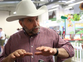 NDP leader Tom Mulcair talks to media in the Agricultural building at the Calgary Stampede in Calgary, on July 4, 2015.