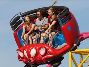 Friends from left; Bronwyn Alexander, Ireland Moro and Regan Kane have have fun as they ride the Crazy Mouse roller-coaster at Sneak-a-Peek on Thursday July 2, 2015.