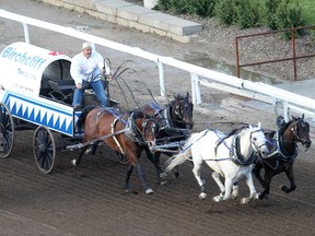 Jerry Bremner, who is retiring this year, comes in for the finish in heat four at the Rangeland Derby on Sunday at the Calgary Stampede.