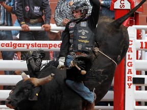 Aaron Roy of Yellow Grass, Sask. scored 85.50 on Hair of the Dog during Day 4 of rodeo action at the Calgary Stampede on Monday. This is his first trip back to the event since 2013 when he was injured so badly some feared he would never walk again.