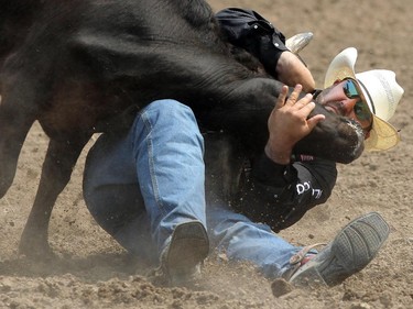 Luke Branquinho of Los Alamos, Californai wins the day in Steer Wrestling at the Calgary Stampede Rodeo Wednesday July 9, 2015.