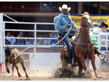 CALGARY.;  July 10, 2015, 2015  -- Fred Whitfield from Hockley, Texas during the Calgary Stampede Tie-Down Roping Championship. Photo Leah Hennel/Calgary Herald