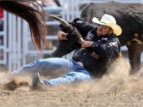 Luke Branquinho from Los Alamos, California during the Calgary Stampede Steer Wrestling  Championship in 2015. Photo Leah Hennel/Calgary Herald