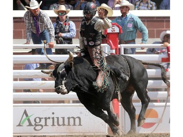 CALGARY.;  July 10, 2015, 2015  -- Sage Kimzey during the Calgary Stampede Bull Riding Championship. Photo Leah Hennel/Calgary Herald