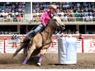 CALGARY.;  July 10, 2015, 2015  -- Callie duPerier from Texas, sprints to the finish during the Calgary Stampede Barrel Racing Championship. Photo Leah Hennel/Calgary Herald