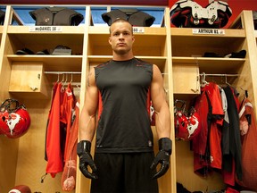 Former Calgary Stampeders wide receiver Johnny Forzani, pictured in 2012 with his heated gloves.