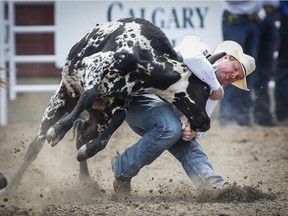 Cochrane steer wrestler Tanner Milan, seen at the Calgary Stampede in July, is headed to his first Wrangler National Finals Rodeo in Las Vegas this week.