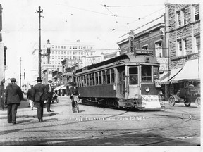 The Calgary Municipal Railway, 8th Avenue and 1st Street West, looking west during the 1920s.