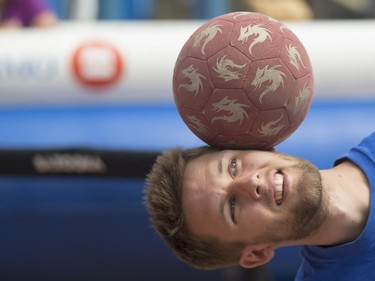 Michael Toft performs soccer ball tricks for the entertainment of the kids in the BMO Kids Zone during Western Heritage Day at the Calgary Stampede in Calgary on Tuesday, July 7, 2015. Western Heritage Day