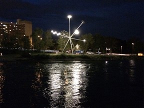 The public art piece Bloom by artist Michel de Broin on St. Patrick's Island.  This photo was taken while the sculpture's lighting was being adjusted on its first night. As a result, the lights may appear brighter than normal.