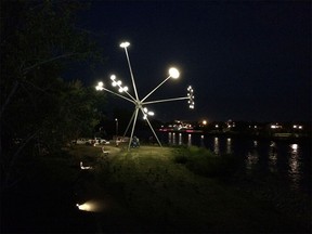 The public art piece Bloom by artist Michael de Broin on St. Patrick's Island.  This photo was taken while the sculpture's lighting was being adjusted on its first night. As a result, the lights may appear brighter than normal.
