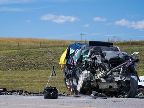 A vehicle involved with a fatal crash on Stoney Trail in Calgary on Wednesday, Aug. 19, 2015.