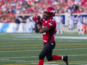 Marquay McDaniel catches a touchdown as the Stampeders win 25-22 against the Montreal Alouettes at McMahon Stadium on August 1st, 2015.