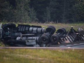 Multiple vehicle collision between a semi-trailer and a van along Highway 1 near Morley on Monday, Aug. 24, 2015.