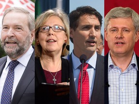 L-R Mulcair, May, Trudeau and Harper