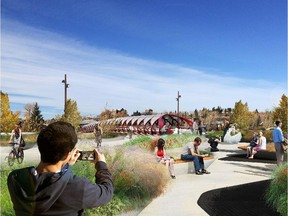 A rendering of West Eau Claire Park, a stretch of green space that stretches along the south side of the Bow River from Eau Claire to the Louise Bridge at 10th Street N.W.