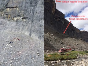 On the left, Rocky Mountain House  rescue crews stabilize the patient at the base of the cliff. On the right, a photo from Kananaskis Country Public Safety showing where the victim landed.