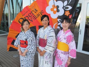 Cal 0822  Mikado 1 A glorious summer's eve ensured the premiere of Opera in the Village's  The Mikado was well attended. Pictured, from left,  at the opening night reception held Aug 13 are Calgary Kimono Club's Mai Tanaka, Yumiko Ito and Yoko Mikami. The farcical operetta runs through tonight, Aug 22.