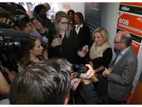 Alberta Premier Rachel Notley and Bob Hawkesworth address the media at Bob Hawkesworth's campaign office at 45 Edenwold Drive N.W. Sunday afternoon.