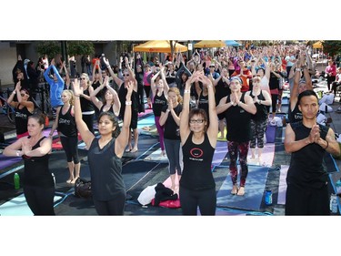 Approximately 475 filled Stephen Avenue to participate in "Rise for a Cause Yogathon Saturday afternoon where some of Calgary's finest yoga instructors and participants came together for some community building to raise awareness  about children and their right to an education.