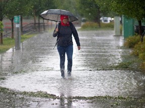 Brittany Muir navigates the flooded streets in Bridgeland during the storm in Calgary on August 5, 2015.