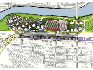 Site plan of Calgary Next, the proposed Calgary Flames arena, unveiled by president and CEO Ken King Tuesday on the Stampede grounds.