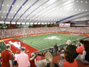 Artist rendering of the football facility portion of Calgary Next, the proposed Calgary Flames arena, unveiled by president and CEO Ken King Tuesday on the Stampede grounds.