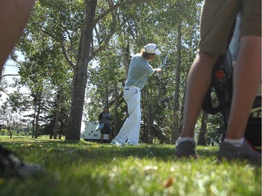 Champions Tour player Stephen Ames hit out of the trees after his tee shot on the 8th went left into the rough during the second round of the Shaw Charity Classic at the Canyon Meadows Golf and Country Club on August 7, 2015.
