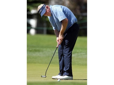 Champions Tour player Colin Montgomerie putted his ball on the 8th green during the second round of the Shaw Charity Classic at the Canyon Meadows Golf and Country Club on August 7, 2015.