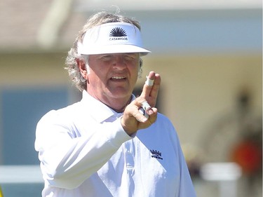 Champions Tour player Tommy Armour III lined up his putt on the 8th green during the second round of the Shaw Charity Classic at the Canyon Meadows Golf and Country Club on August 7, 2015.