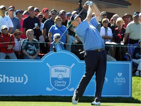 Colin Montgomerie, seen teeing off the opening hole of the Shaw Charity Classic at Canyon Meadows on Friday, shot an 8-under 62 to take the lead after one round at the Champions Tour event.
