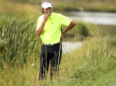 Champions Tour player Stephen Ames tried to make a decision on how to play his shot from the deep rough beside the 18th green during the Shaw Charity Classic at the Canyon Meadows Golf and Country Club on August 9, 2015. Ames was the top Canadian finishing tied for fifth with a score of -10.