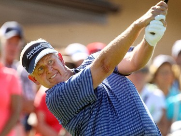 Champions Tour player Colin Montgomerie teed off on the first hole during the final round of the Shaw Charity Classic at the Canyon Meadows Golf and Country Club on August 9, 2015.