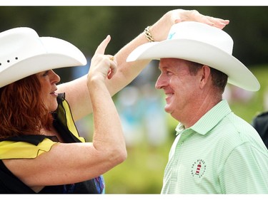 Champions Tour player Jeff Maggert, from Sea Pines, SC, was awarded a white hat by Councillor Diane Colley-Urquhart after posting a final score of -16 to clinch the Shaw Charity Classic at the Canyon Meadows Golf and Country Club on August 9, 2015.