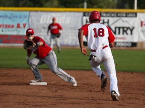 Okotoks Dawgs infielder Kellen Marruffo isn't fast enough to steal second at Seaman Stadium on Thursday night. The Dawgs were a step behind the Mavs, losing 7-3 to be eliminated from playoff contention.