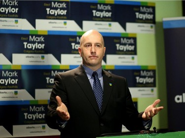 The new Calgary-Foothills candidate Mark Taylor during a press conference at Moo's Healthy Fast Food in Calgary on August 11, 2015.