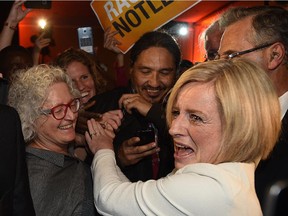 MP Linda Duncan, left, seen here with new premier Rachel Notley on election night 2015.