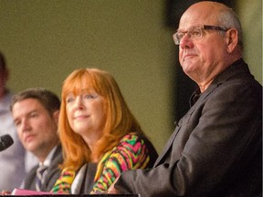 Coun. Evan Woolley, left, with Coun. Diane Colley-Urquhart and Ken King, president and CEO of the Calgary Sports and Entertainment Corporation,  speak about the CalgaryNEXT project at the Boyce Theatre on the Calgary Stampede Grounds in Calgary on Tuesday, Aug. 18, 2015.