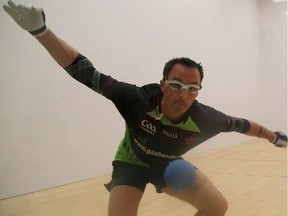 Paul Brady from Ireland competes in the men's final for the 2015 World Handball Championships at the University of Calgary in Calgary on Friday, Aug. 21, 2015. He won his fifth straight title.