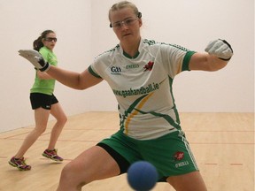 Catriona Grady, left, and Aisling Reilly, both from Ireland, compete in the women's finals in the World Handball Championship at the University of Calgary in Calgary on Friday, Aug. 21, 2015. Reilly defended her title.