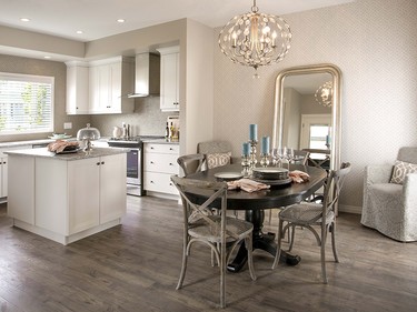 The kitchen and dining area in the ECKO show home at Mahogany in Calgary.