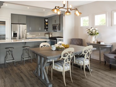 The kitchen and dining space in the Insight show home at Vita at Crystallina Nera show home in Edmonton.