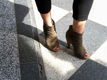 Open-toed booties are a great summer-to-fall transition shoe. The dark green colour also works well in both seasons,