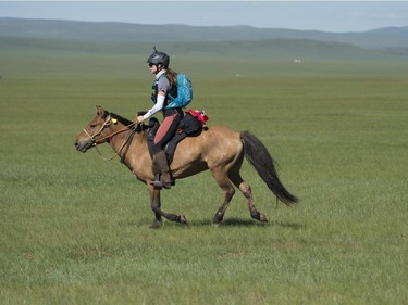 Liz Brown, a former Calgary journalist, completed the 7th annual Mongol Derby - the world's longest horse race-in August 2015. Photo by Saskia Marloh, the Adventurists