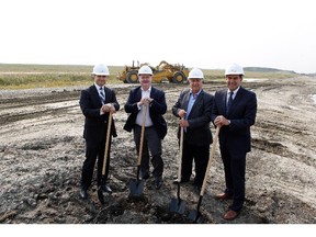 From left, Walton’s exceutive vice-president Craig Dickie, Walton CEO Bill Doherty, Ward 3 Calgary Coun. Jim Stevenson and John Plastiras, executive vice-president, real estate, for Walton Global Investments attended the recent ceremonial ground breaking for Cornerstone.